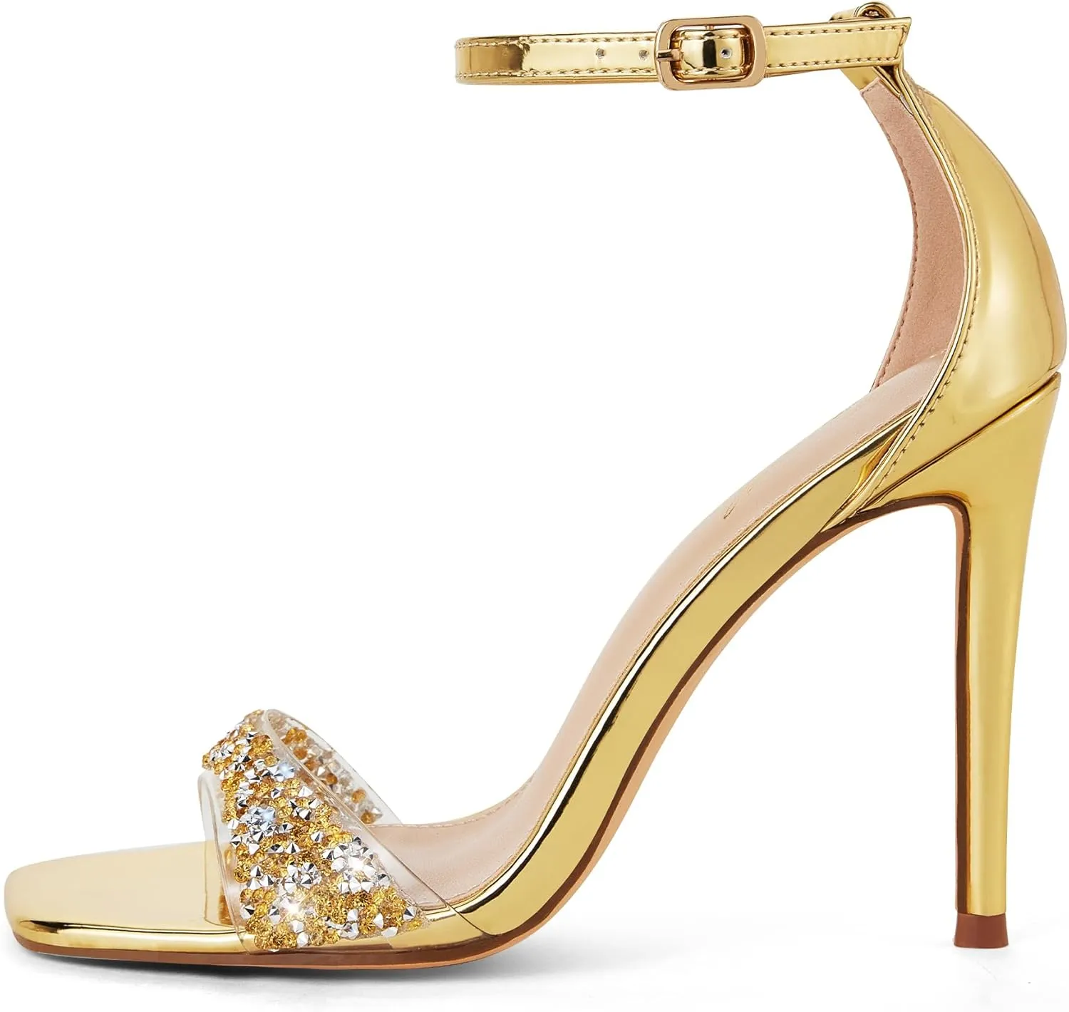 GENSHUO High Heeled Sandals for Women One Strap Heels with Square Open Toe 4 Inch Stiletto Ankle Strap Shoes Elegant Sexy Dress Wedding Party