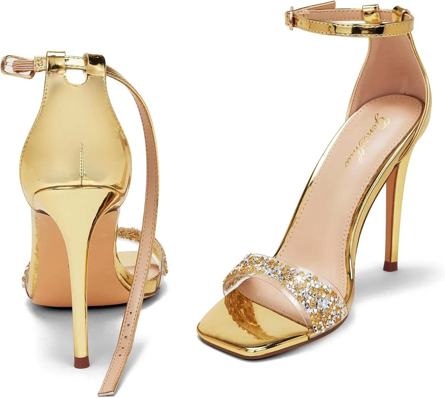 GENSHUO High Heeled Sandals for Women One Strap Heels with Square Open Toe 4 Inch Stiletto Ankle Strap Shoes Elegant Sexy Dress Wedding Party
