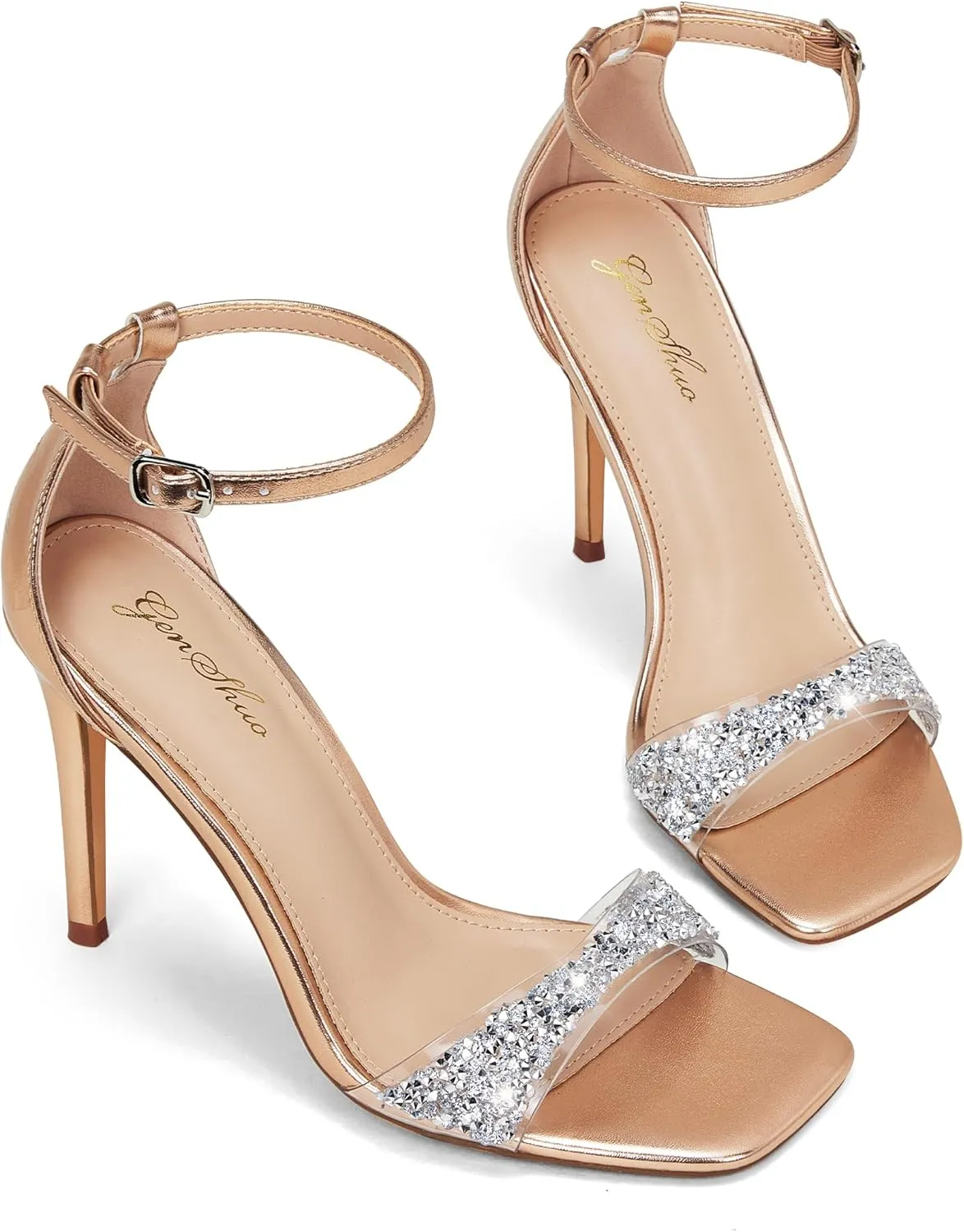 GENSHUO High Heeled Sandals for Women One Strap Heels with Square Open Toe 4 Inch Stiletto Ankle Strap Shoes Elegant Sexy Dress Wedding Party