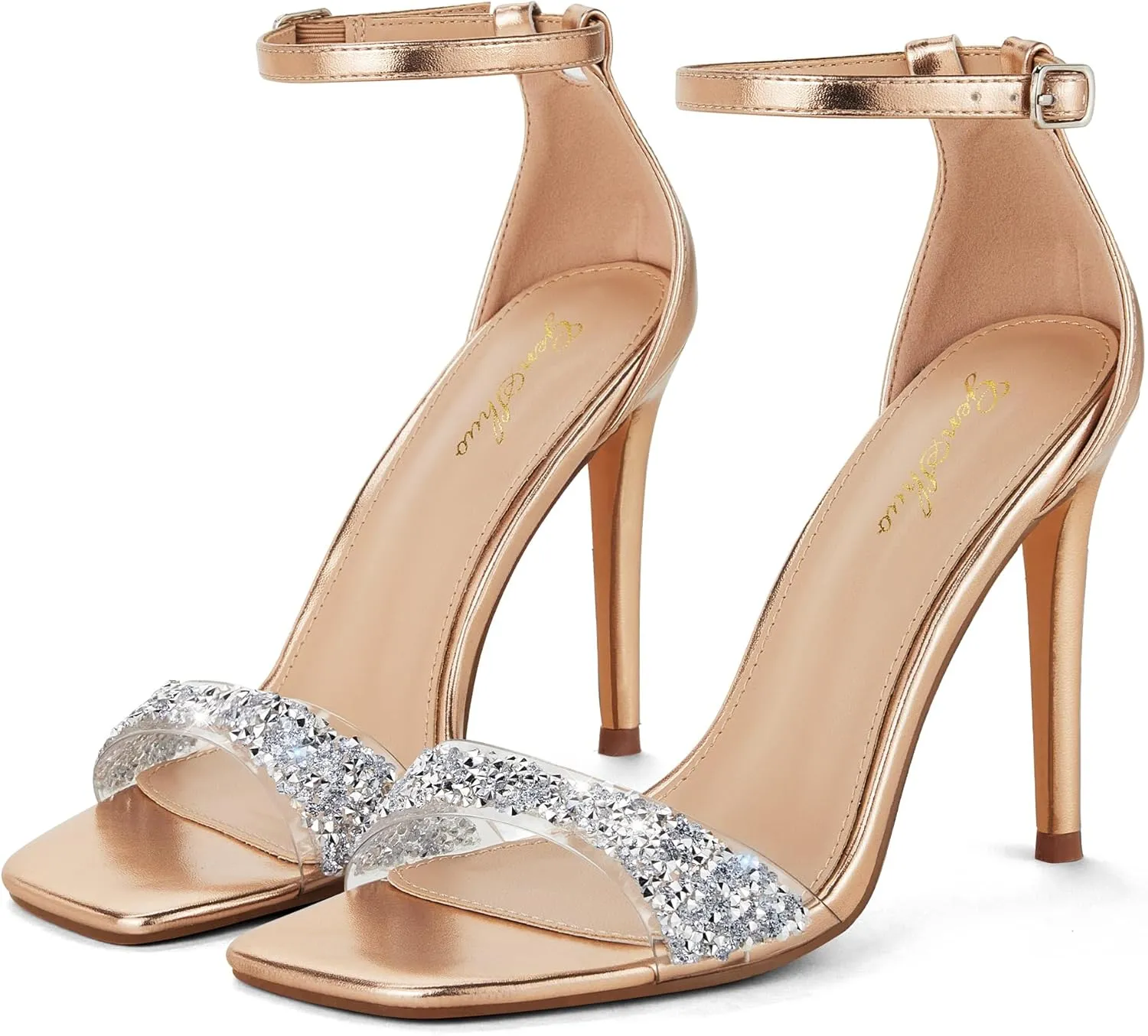 GENSHUO High Heeled Sandals for Women One Strap Heels with Square Open Toe 4 Inch Stiletto Ankle Strap Shoes Elegant Sexy Dress Wedding Party