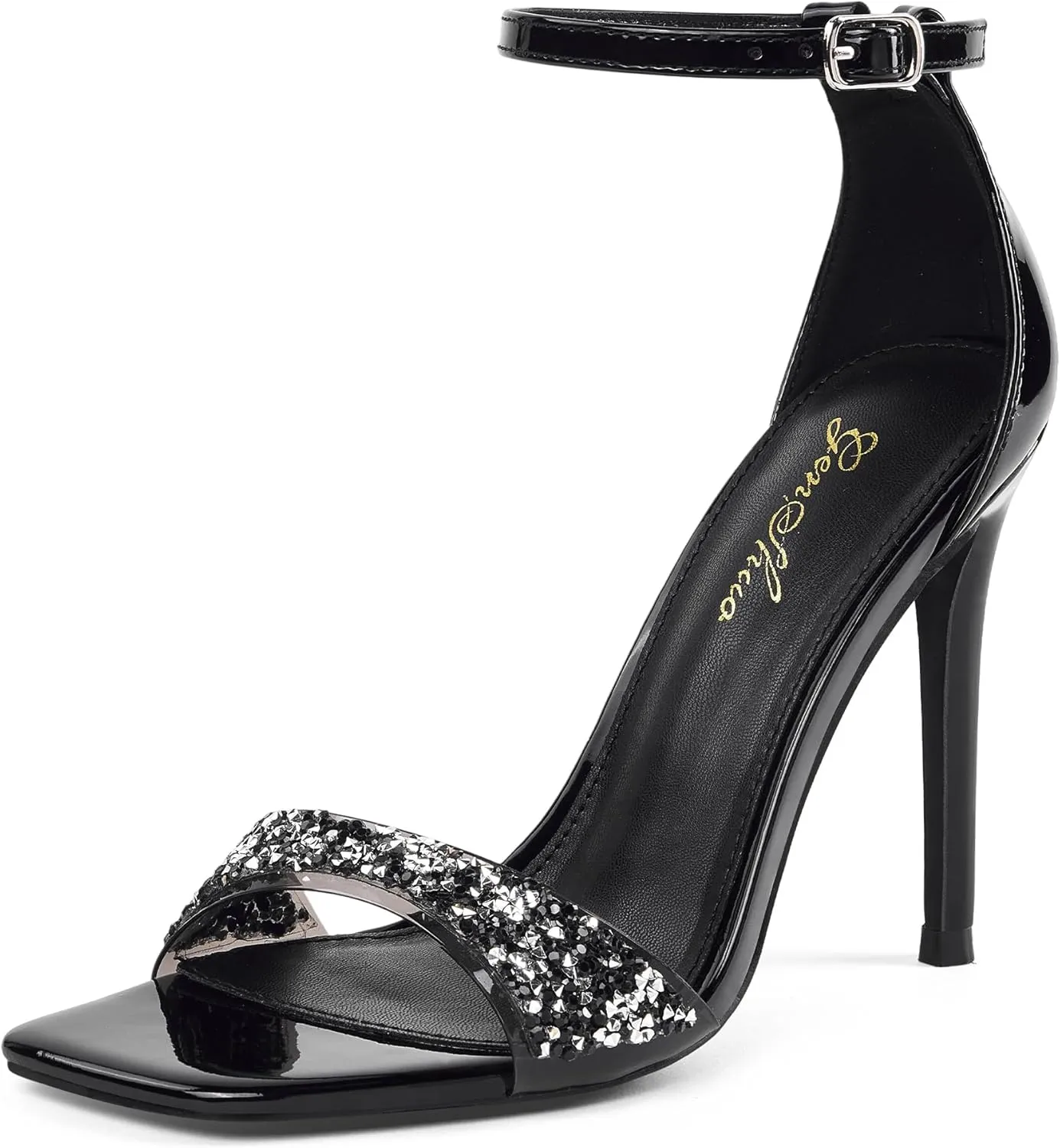 GENSHUO High Heeled Sandals for Women One Strap Heels with Square Open Toe 4 Inch Stiletto Ankle Strap Shoes Elegant Sexy Dress Wedding Party
