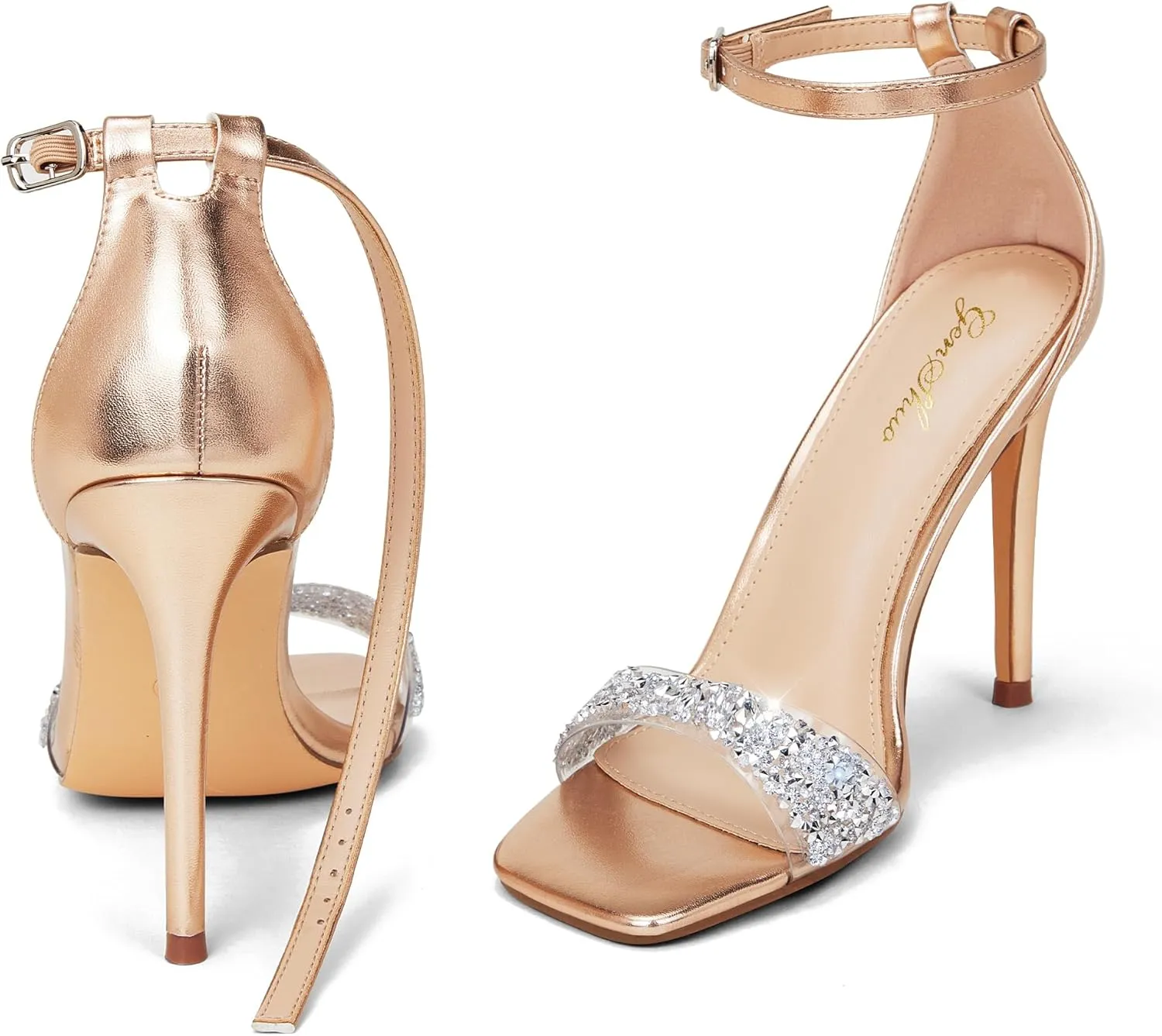 GENSHUO High Heeled Sandals for Women One Strap Heels with Square Open Toe 4 Inch Stiletto Ankle Strap Shoes Elegant Sexy Dress Wedding Party