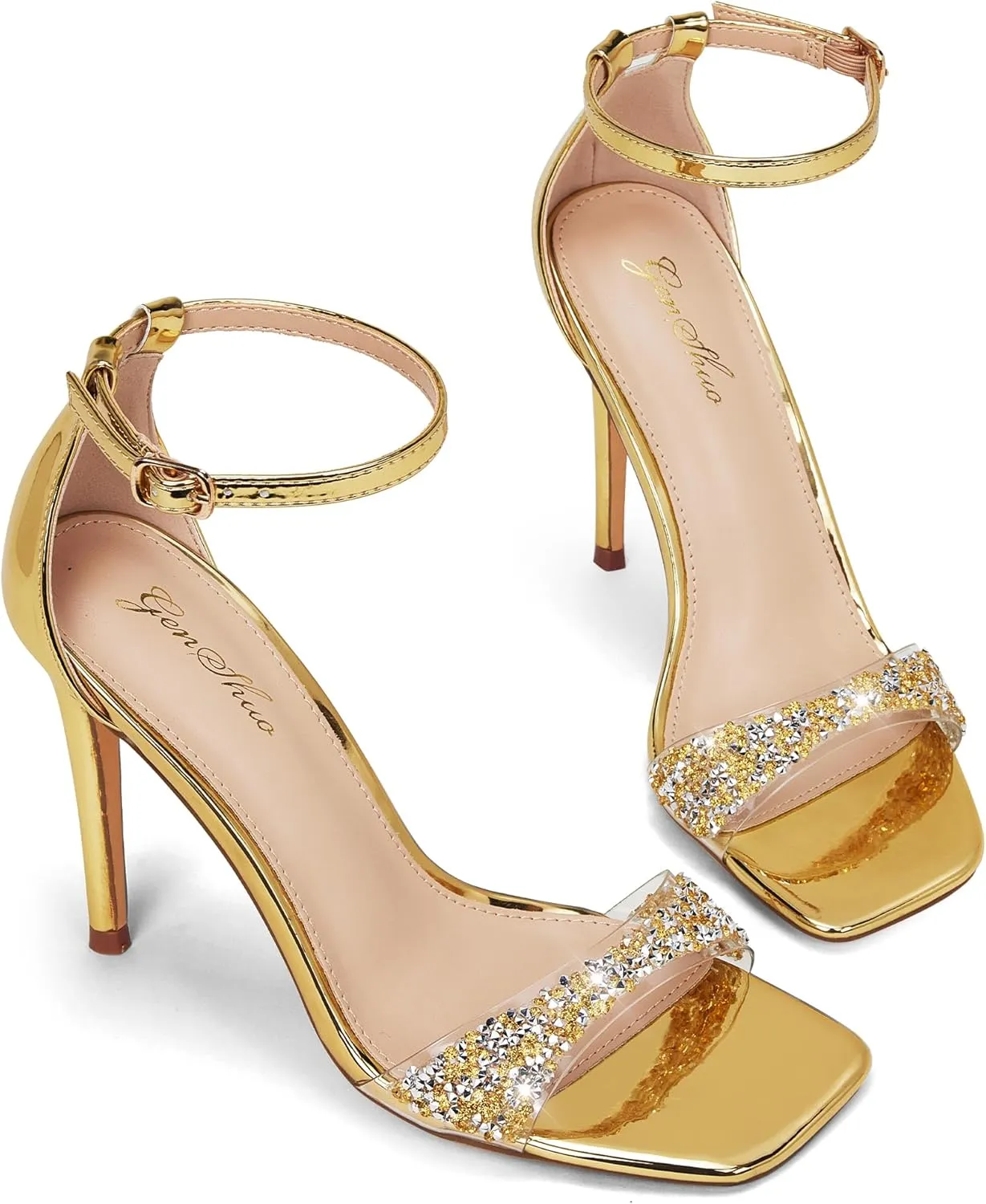 GENSHUO High Heeled Sandals for Women One Strap Heels with Square Open Toe 4 Inch Stiletto Ankle Strap Shoes Elegant Sexy Dress Wedding Party