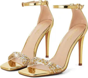 GENSHUO High Heeled Sandals for Women One Strap Heels with Square Open Toe 4 Inch Stiletto Ankle Strap Shoes Elegant Sexy Dress Wedding Party