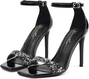 GENSHUO High Heeled Sandals for Women One Strap Heels with Square Open Toe 4 Inch Stiletto Ankle Strap Shoes Elegant Sexy Dress Wedding Party