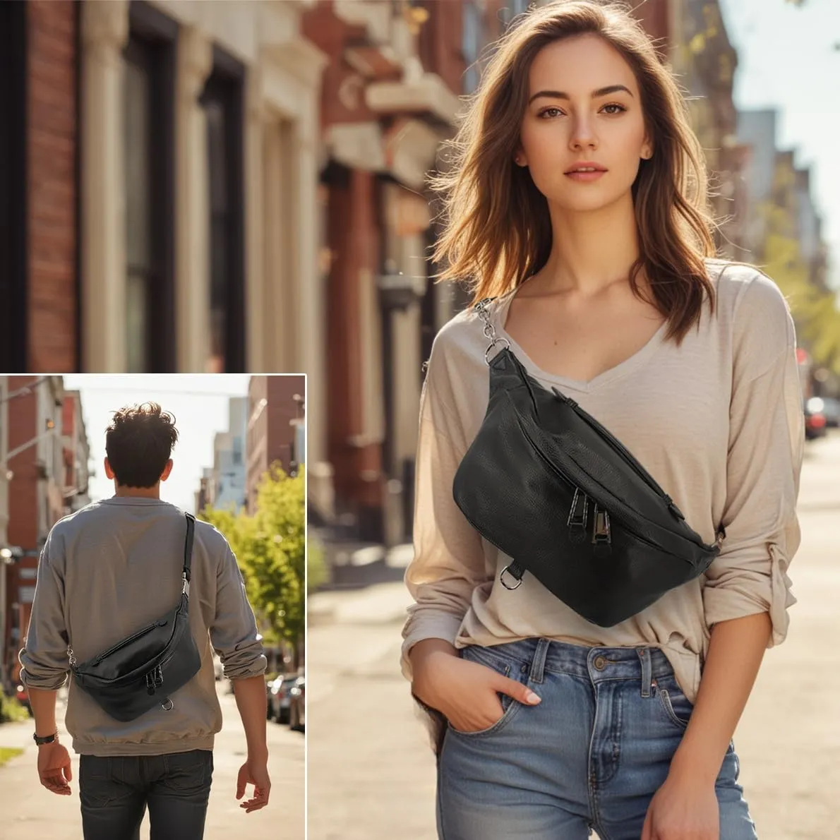 Genuine Leather Crossbody Fanny Packs for Women Men,Medium Unisex Commuter Belt Bag Waist Bag,Casual Sling Purse Shoulder Bag,Trendy Bum Bag With Adjustable Wide Strap for Work Travel (Black)