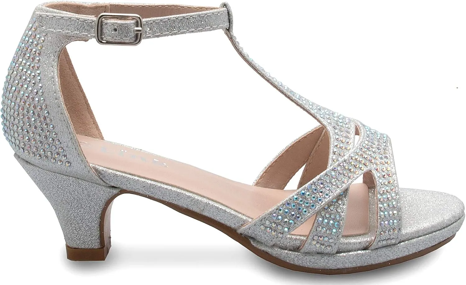 Girl's Glitter Leatherette Open Toe Strappy Ankle T Strap Kitten Heel Sandal (Toddler/Little Girl)