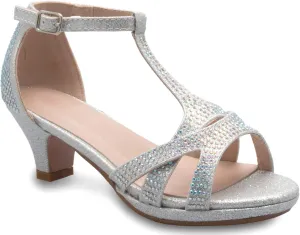 Girl's Glitter Leatherette Open Toe Strappy Ankle T Strap Kitten Heel Sandal (Toddler/Little Girl)