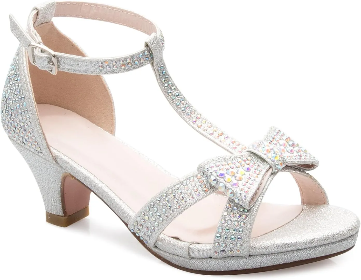 Girl's Glitter Leatherette Open Toe Strappy Ankle T Strap Kitten Heel Sandal (Toddler/Little Girl)