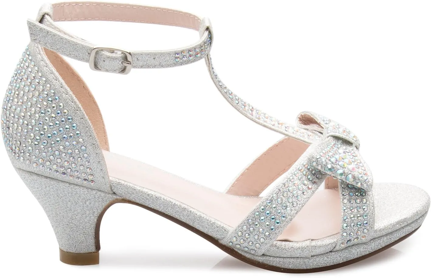 Girl's Glitter Leatherette Open Toe Strappy Ankle T Strap Kitten Heel Sandal (Toddler/Little Girl)