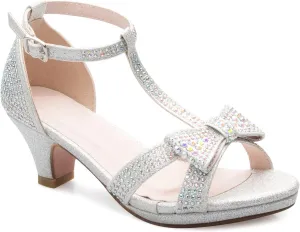 Girl's Glitter Leatherette Open Toe Strappy Ankle T Strap Kitten Heel Sandal (Toddler/Little Girl)