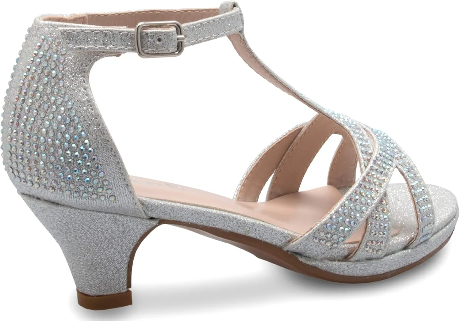 Girl's Glitter Leatherette Open Toe Strappy Ankle T Strap Kitten Heel Sandal (Toddler/Little Girl)