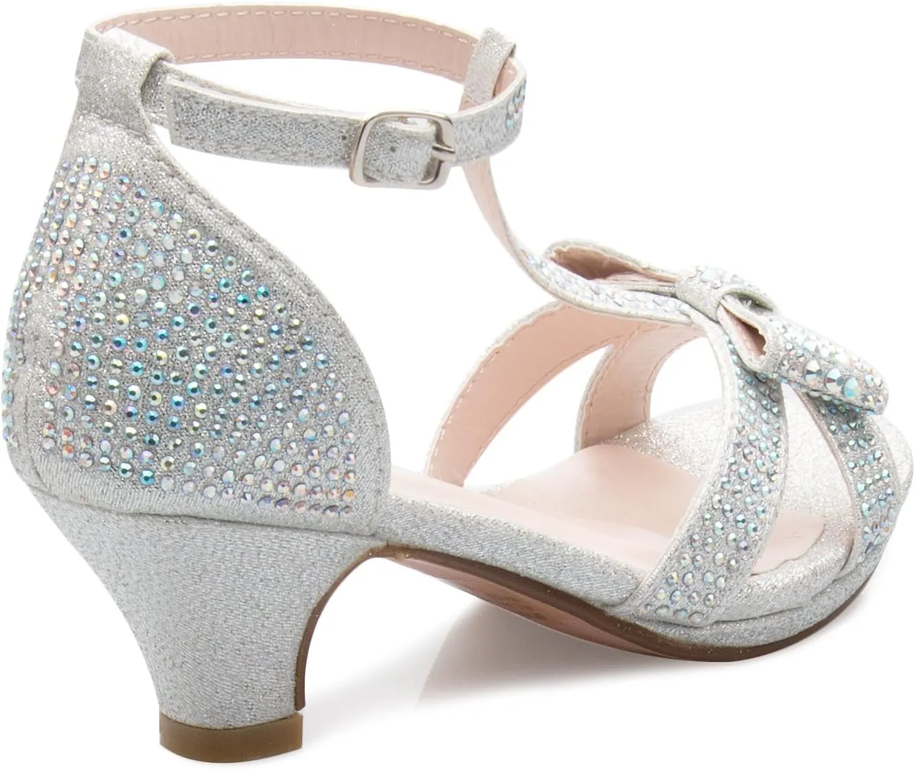 Girl's Glitter Leatherette Open Toe Strappy Ankle T Strap Kitten Heel Sandal (Toddler/Little Girl)