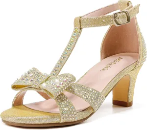 Girls Heel Sandals Dress Pump Open Toe T Strap Rhinestone Sandals Wedding Party Prom Shoes Little Big Kids