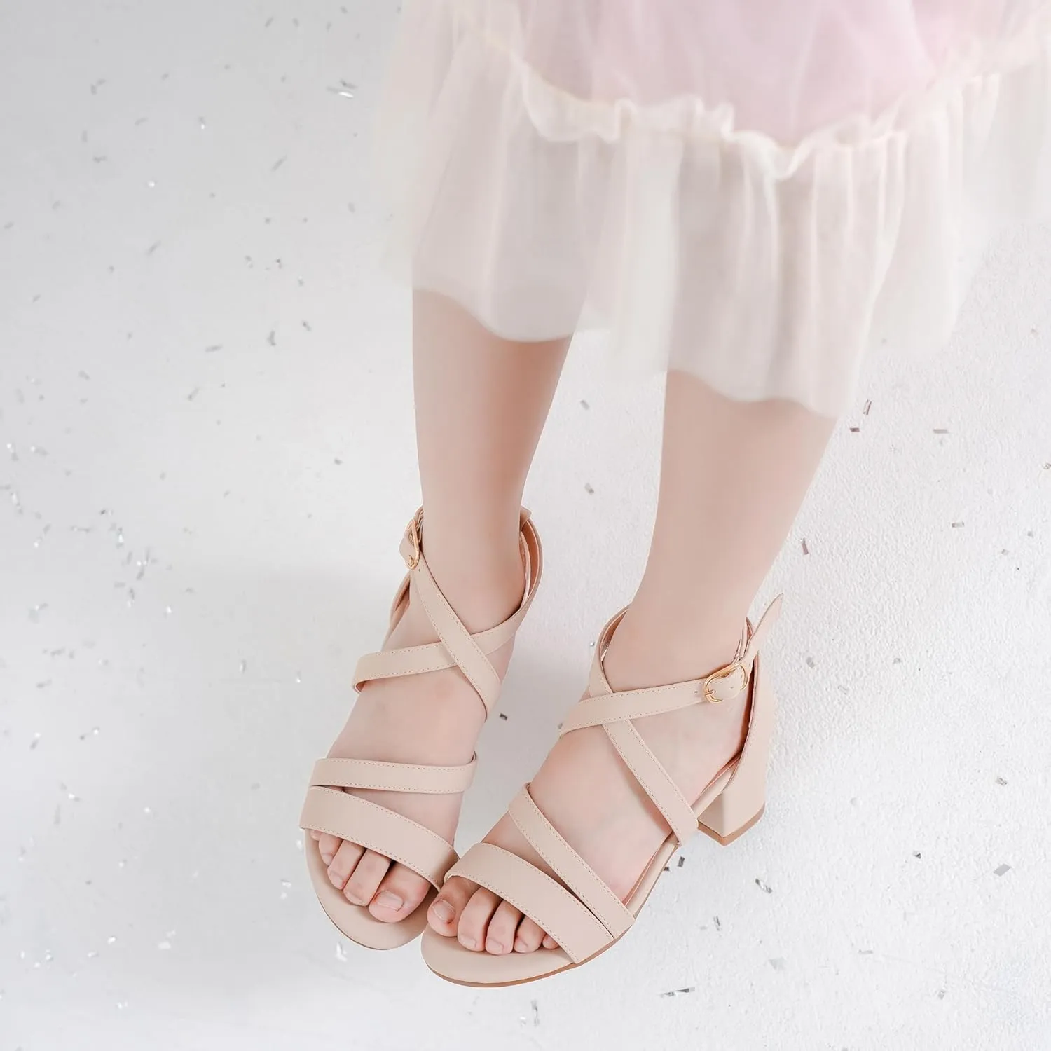 Girls Sandals Chunky High Heel Strappy Open Toe Ankle Strap Dress Shoes for Little Big Kids in Wedding Party