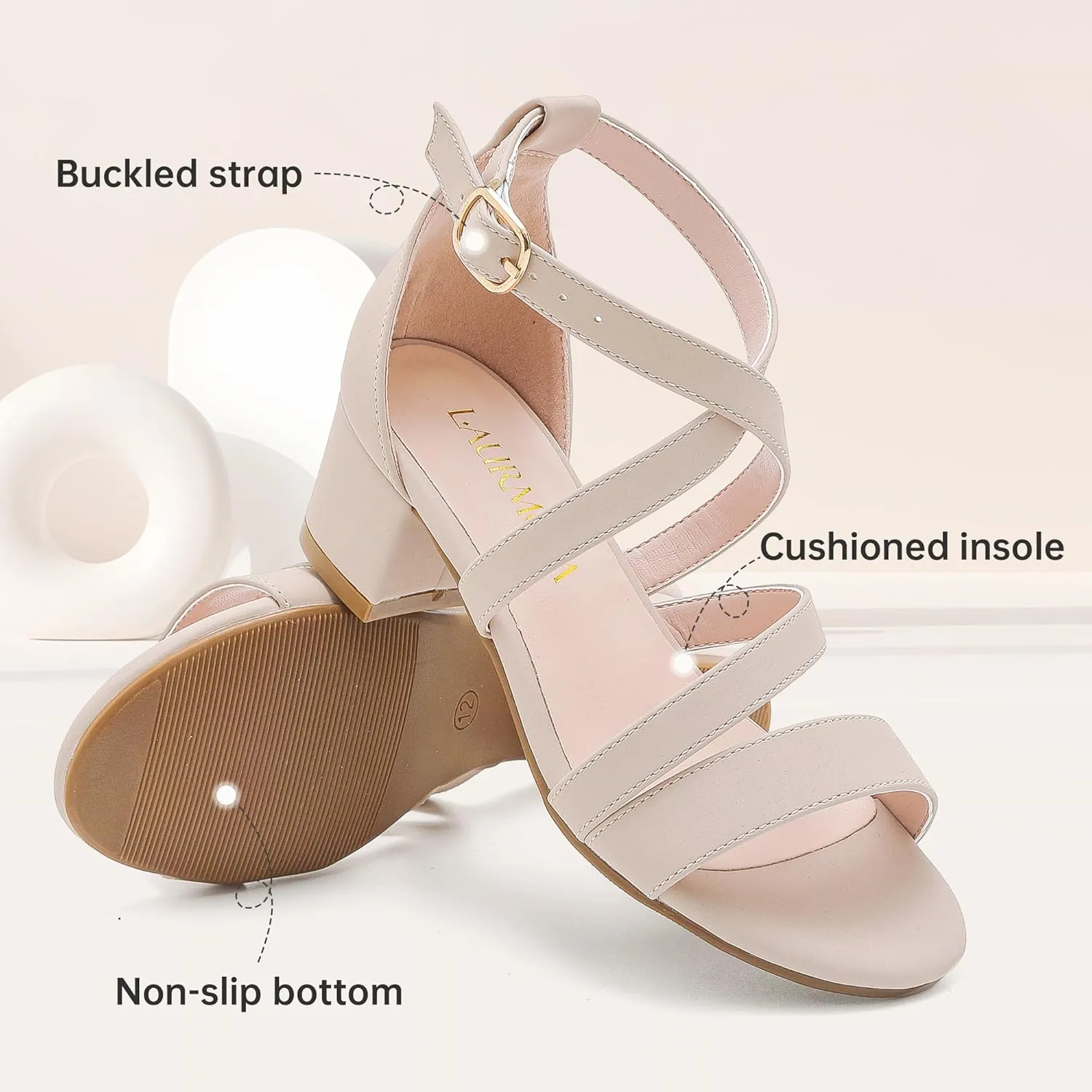 Girls Sandals Chunky High Heel Strappy Open Toe Ankle Strap Dress Shoes for Little Big Kids in Wedding Party