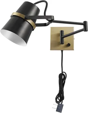 GLOBE Electric 51345 1-Light Plug-in or Hardwire Swing Arm Wall Sconce, Matte Black, Brass Accents, 6ft Black Woven Fabric Cord, Flat Plug, Rotary On/Off Switch, Wall Lighting, Bulb Not Included