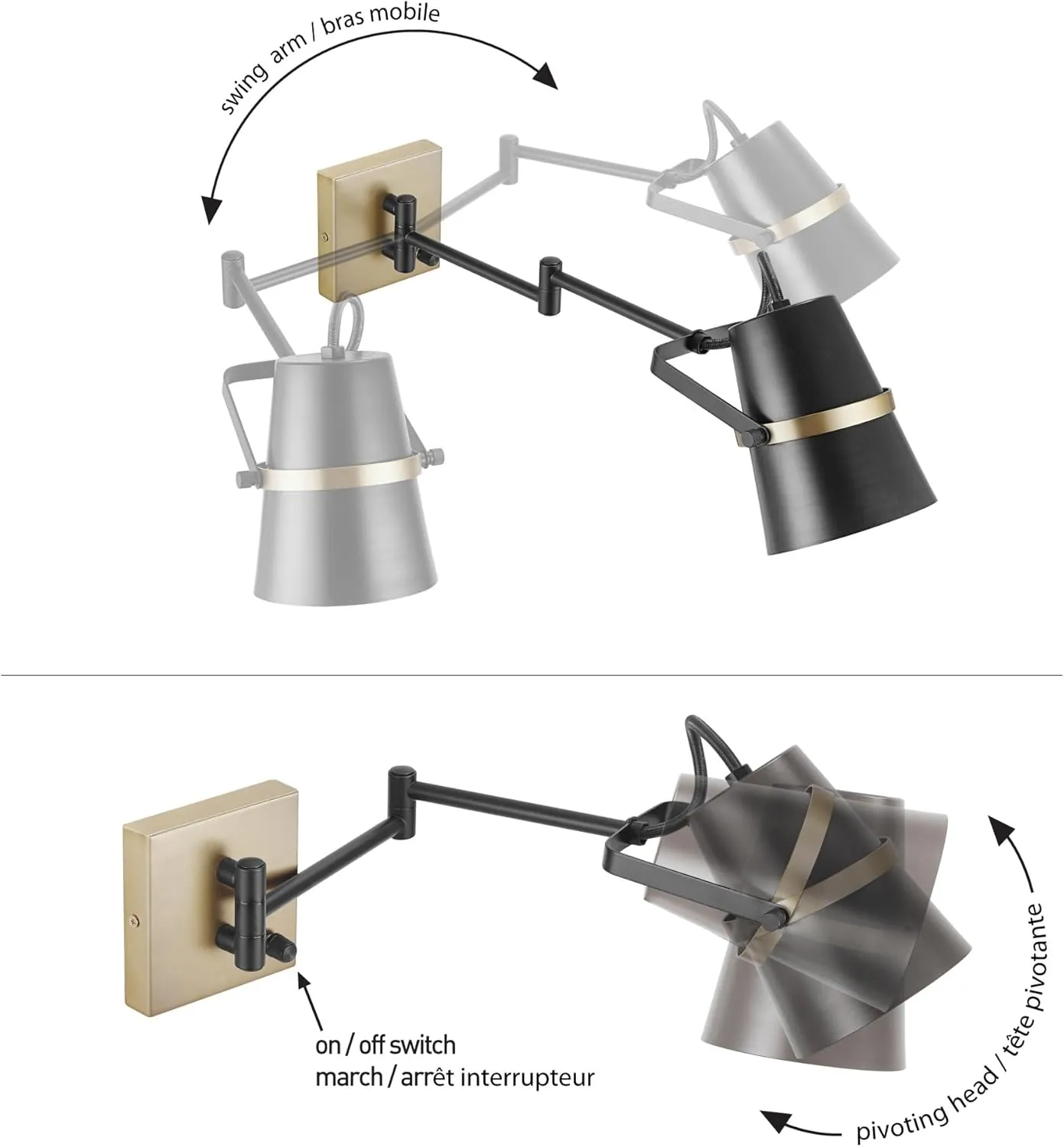 GLOBE Electric 51345 1-Light Plug-in or Hardwire Swing Arm Wall Sconce, Matte Black, Brass Accents, 6ft Black Woven Fabric Cord, Flat Plug, Rotary On/Off Switch, Wall Lighting, Bulb Not Included