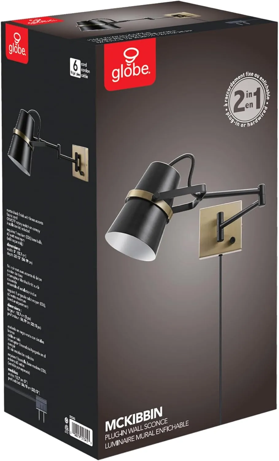 GLOBE Electric 51345 1-Light Plug-in or Hardwire Swing Arm Wall Sconce, Matte Black, Brass Accents, 6ft Black Woven Fabric Cord, Flat Plug, Rotary On/Off Switch, Wall Lighting, Bulb Not Included