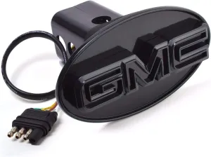 GMC Hitch Cover (Black)-LED Light Hitch Receiver Covers Compatible with GMC Trucks 2”, 1.25” Tube Both Fit Chrome Letters on Black Metal 4 Way Flat Connector