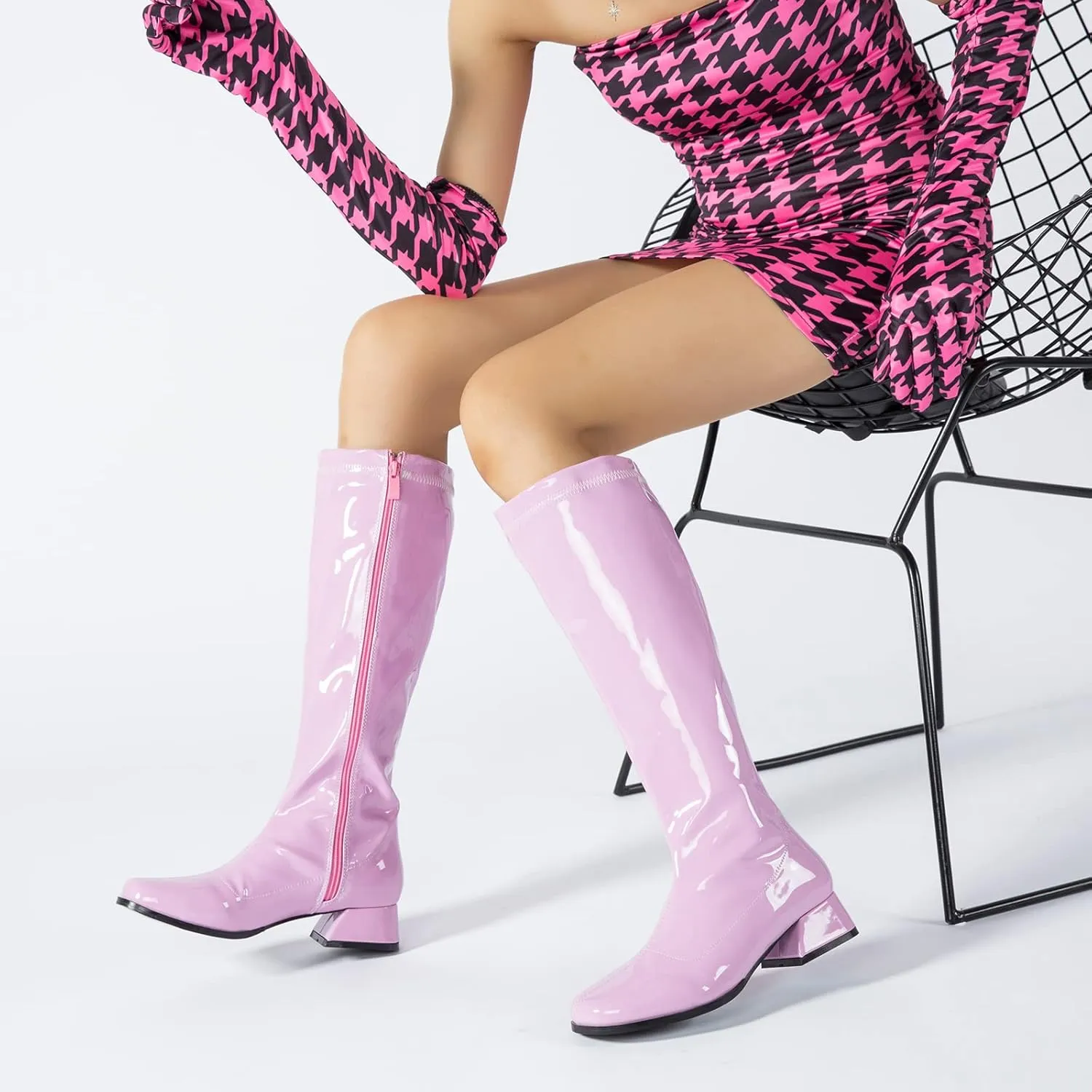 GOGO Boots for Women, Knee High Boots, Low Block Heel Zipper Boots Ladies Party Dance Shoes