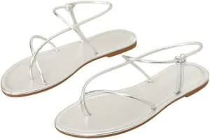 GORGLITTER Women's Metallic Strappy Flat Sandals Open Toe Dressy Summer Beach Thong Slides