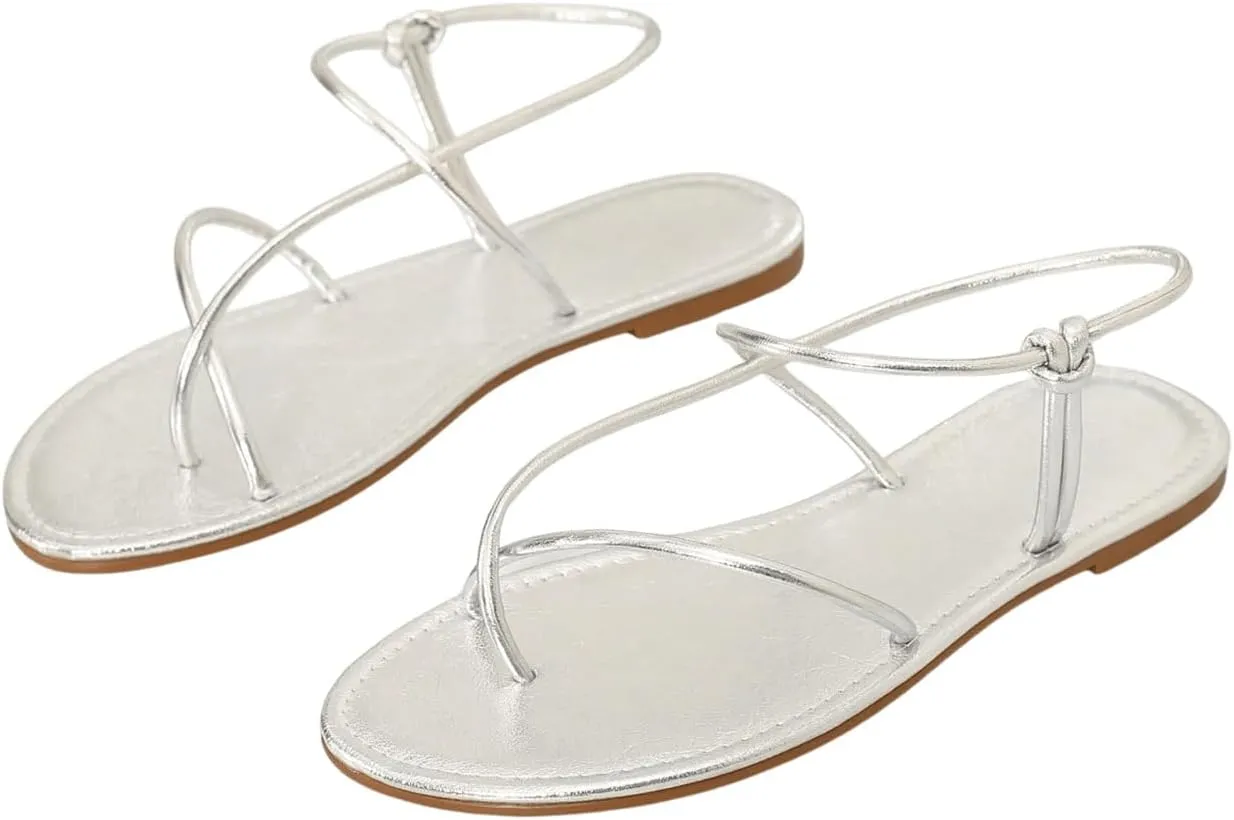 GORGLITTER Women's Metallic Strappy Flat Sandals Open Toe Dressy Summer Beach Thong Slides