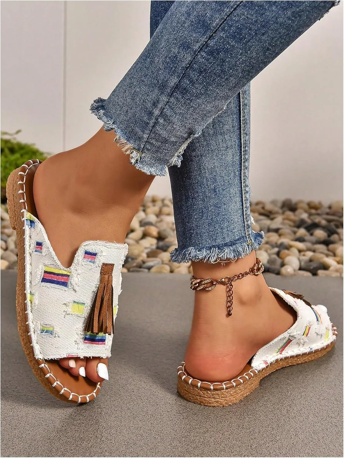 GORGLITTER Women's Rainbow Colorful Summer Flat Sandals 2025 Boho Beach Vacation Slides Shoes