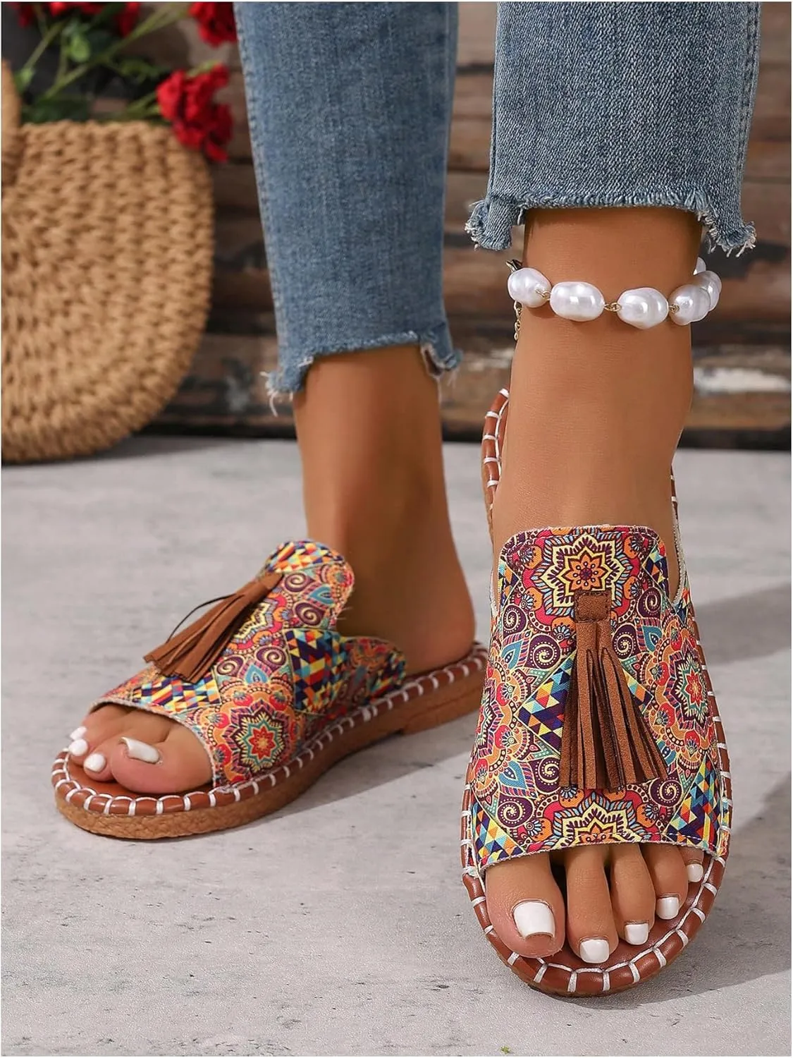 GORGLITTER Women's Rainbow Colorful Summer Flat Sandals 2025 Boho Beach Vacation Slides Shoes