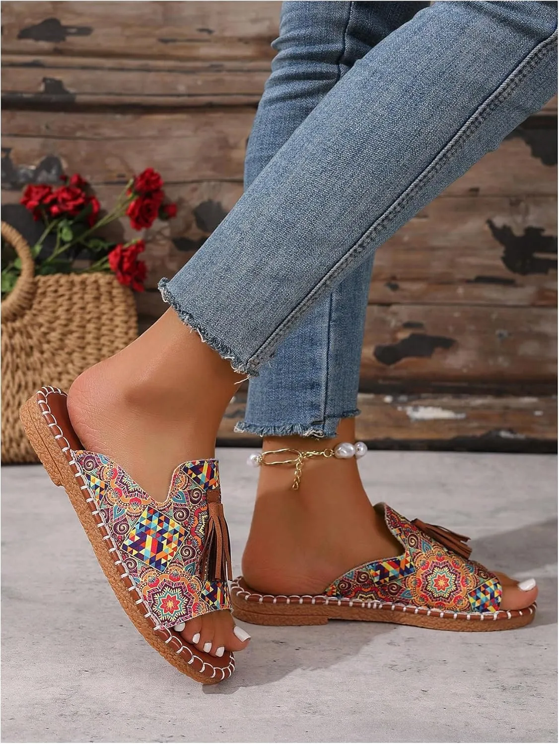 GORGLITTER Women's Rainbow Colorful Summer Flat Sandals 2025 Boho Beach Vacation Slides Shoes