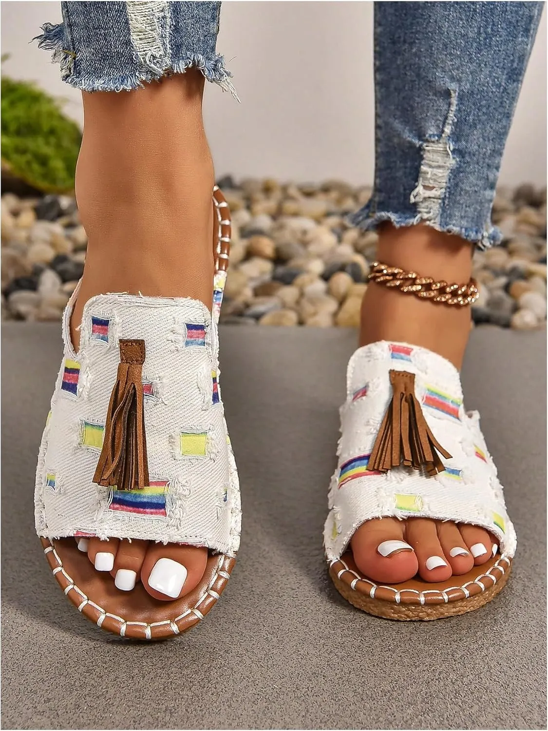 GORGLITTER Women's Rainbow Colorful Summer Flat Sandals 2025 Boho Beach Vacation Slides Shoes