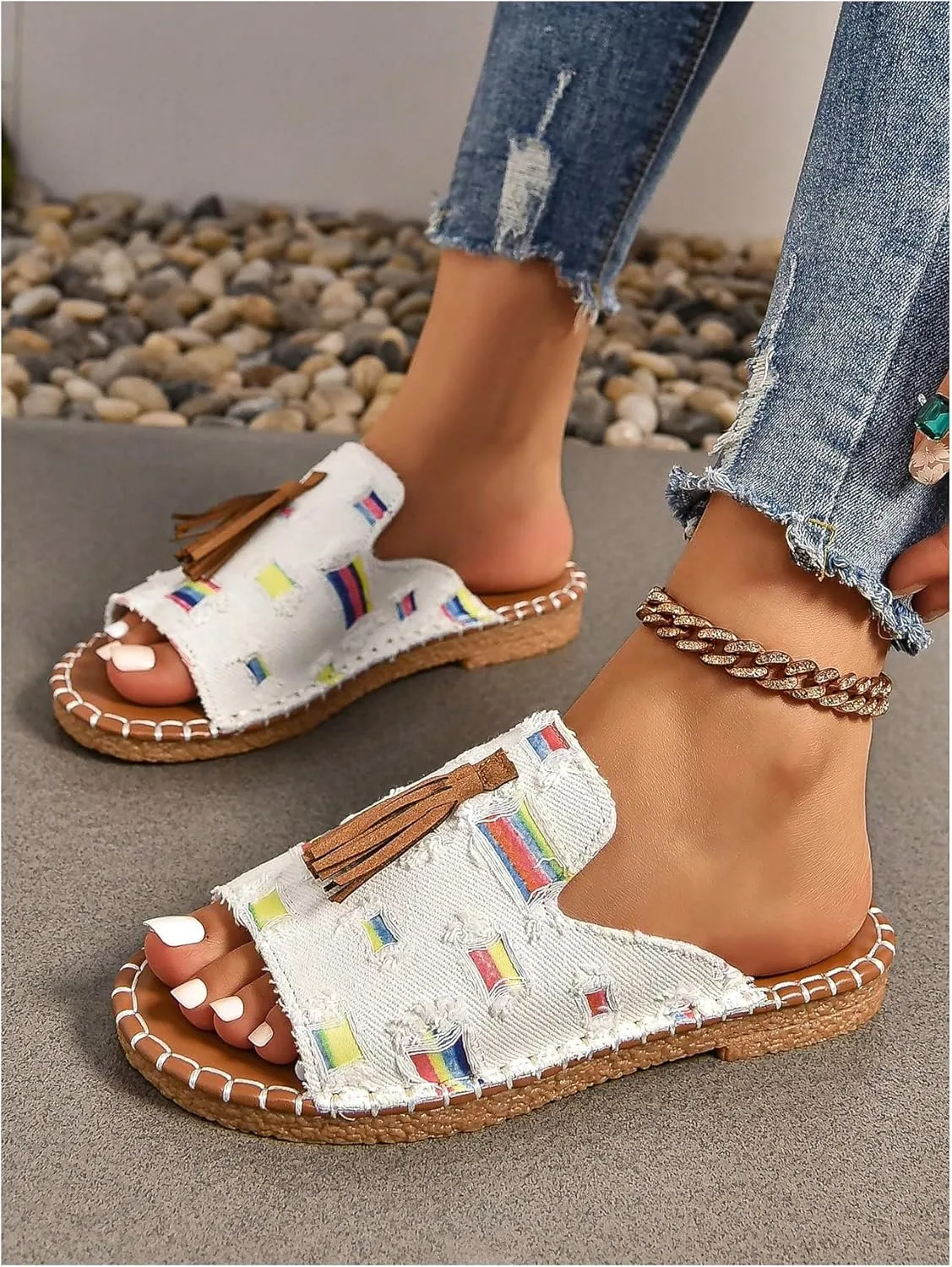 GORGLITTER Women's Rainbow Colorful Summer Flat Sandals 2025 Boho Beach Vacation Slides Shoes