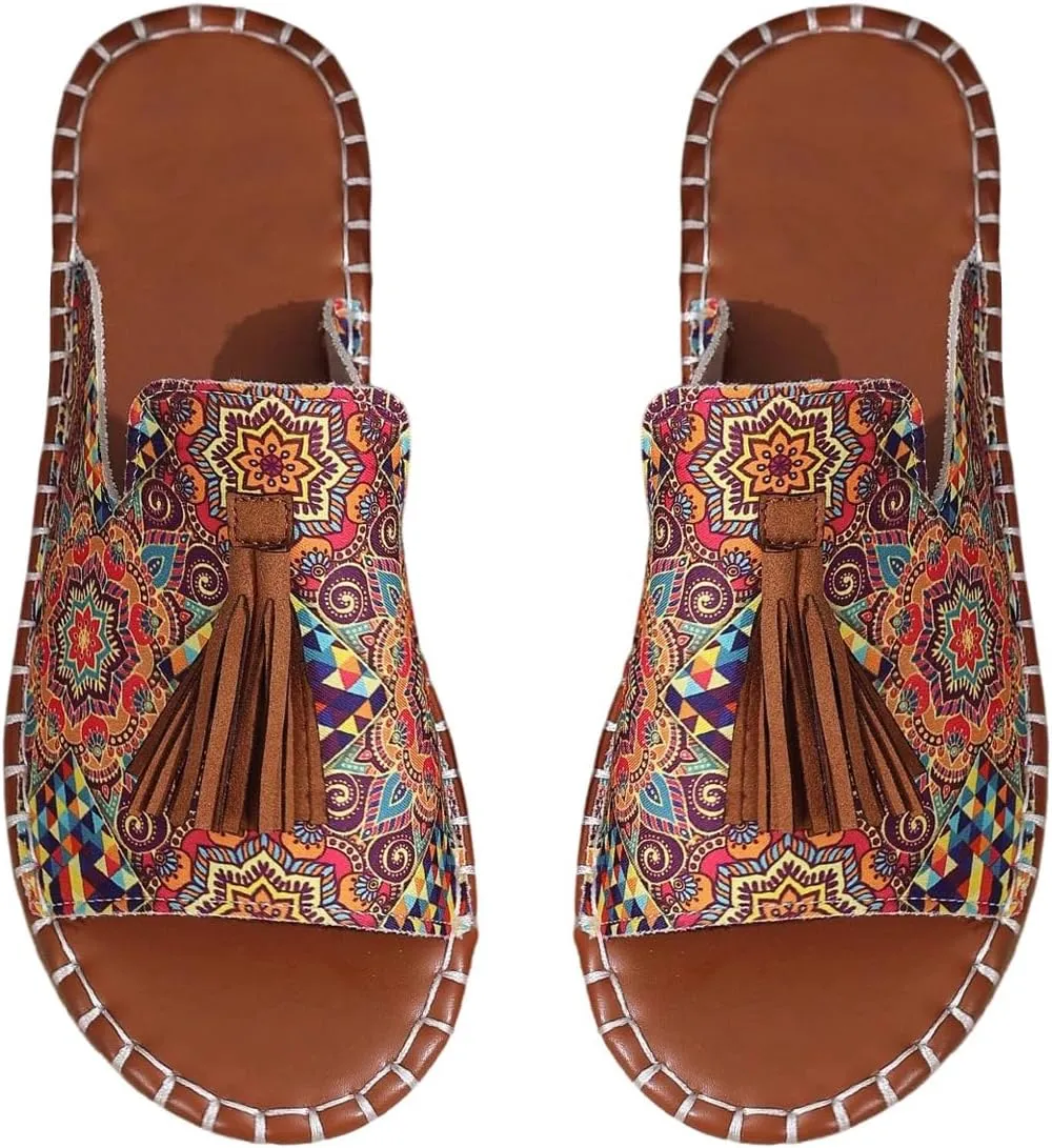 GORGLITTER Women's Rainbow Colorful Summer Flat Sandals 2025 Boho Beach Vacation Slides Shoes