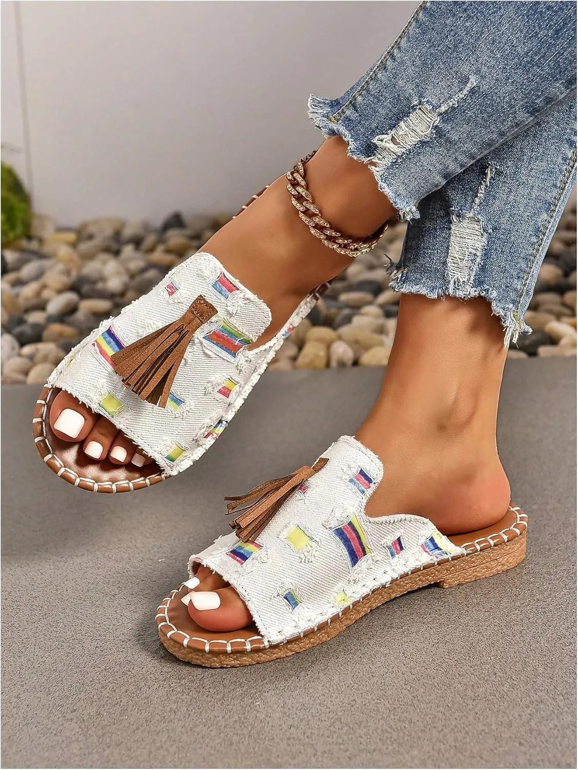 GORGLITTER Women's Rainbow Colorful Summer Flat Sandals 2025 Boho Beach Vacation Slides Shoes