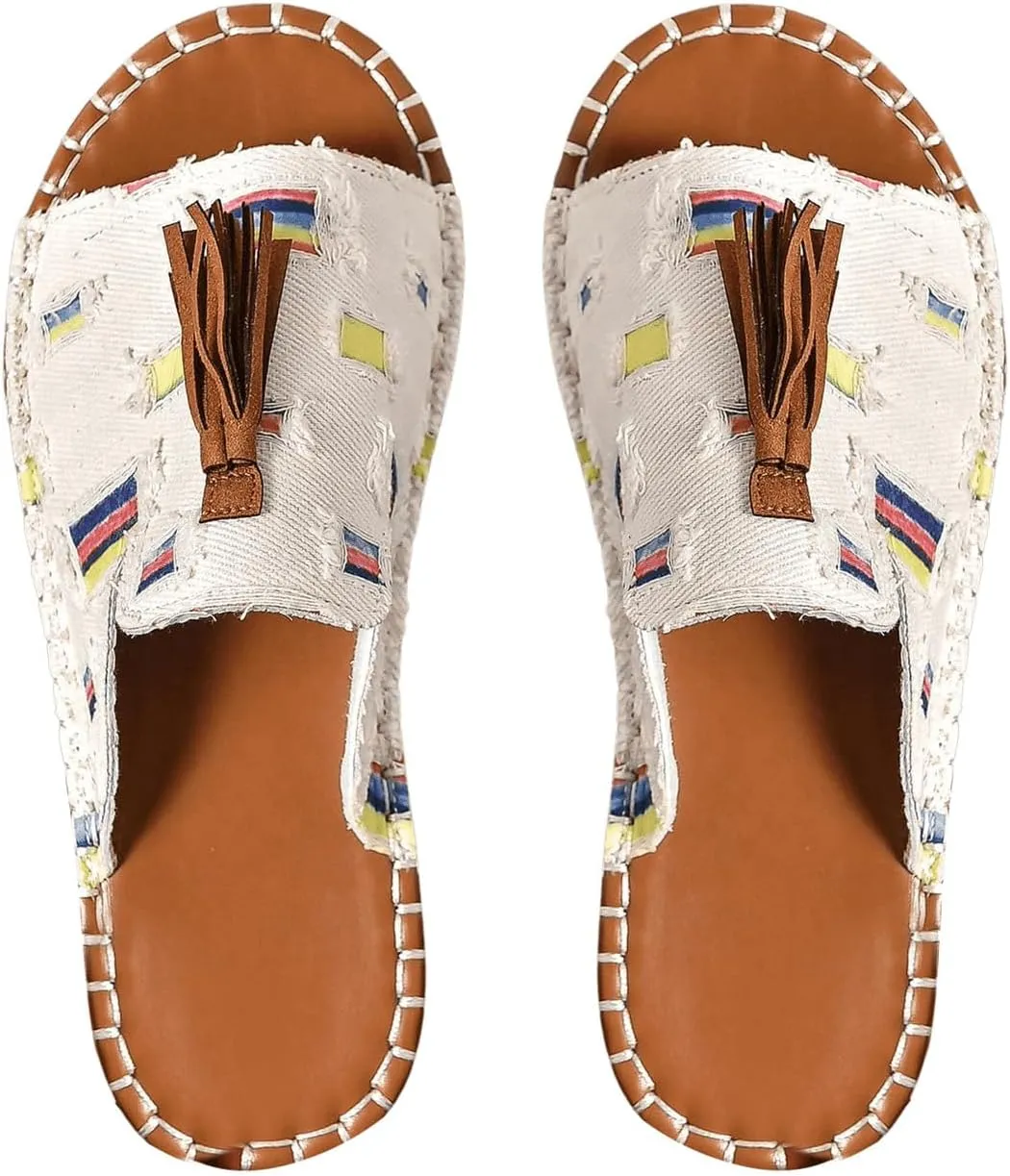GORGLITTER Women's Rainbow Colorful Summer Flat Sandals 2025 Boho Beach Vacation Slides Shoes