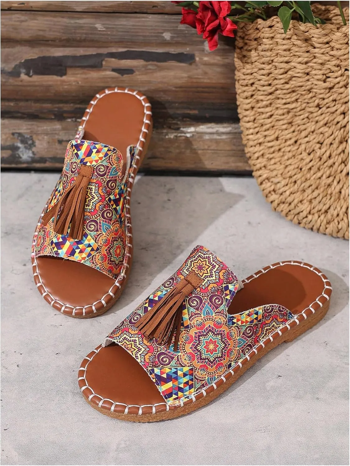 GORGLITTER Women's Rainbow Colorful Summer Flat Sandals 2025 Boho Beach Vacation Slides Shoes