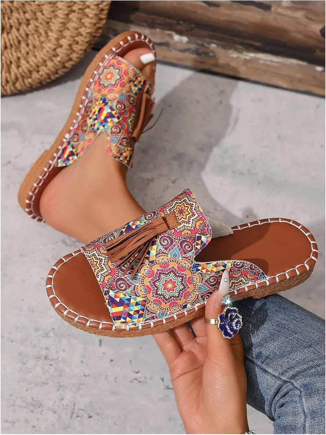 GORGLITTER Women's Rainbow Colorful Summer Flat Sandals 2025 Boho Beach Vacation Slides Shoes