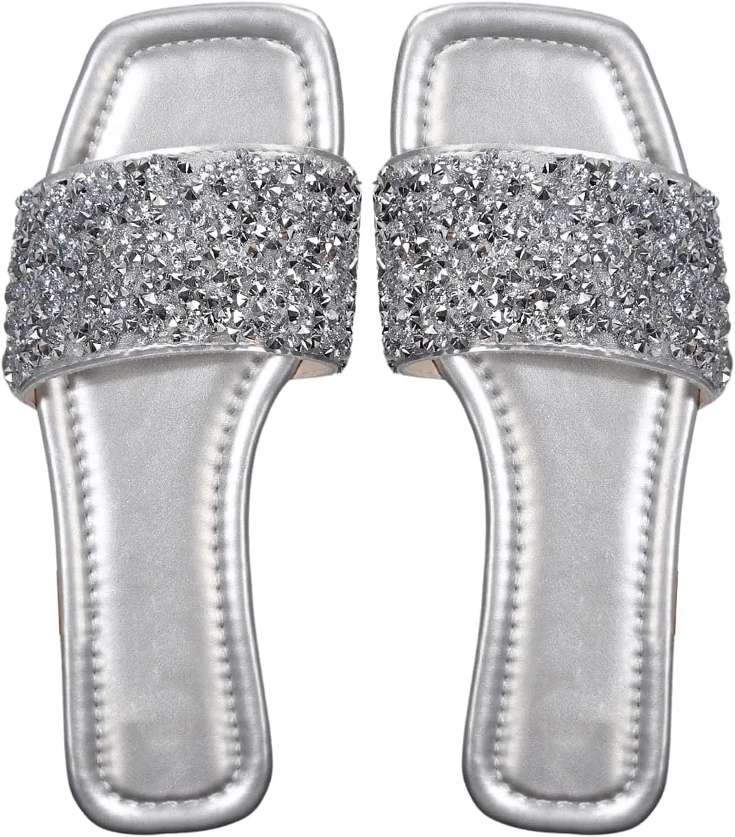 GORGLITTER Women's Sparkly Jeweled Flat Sandals Dressy Open Toe Glitter Shiny Slippers Slip-on Shoes