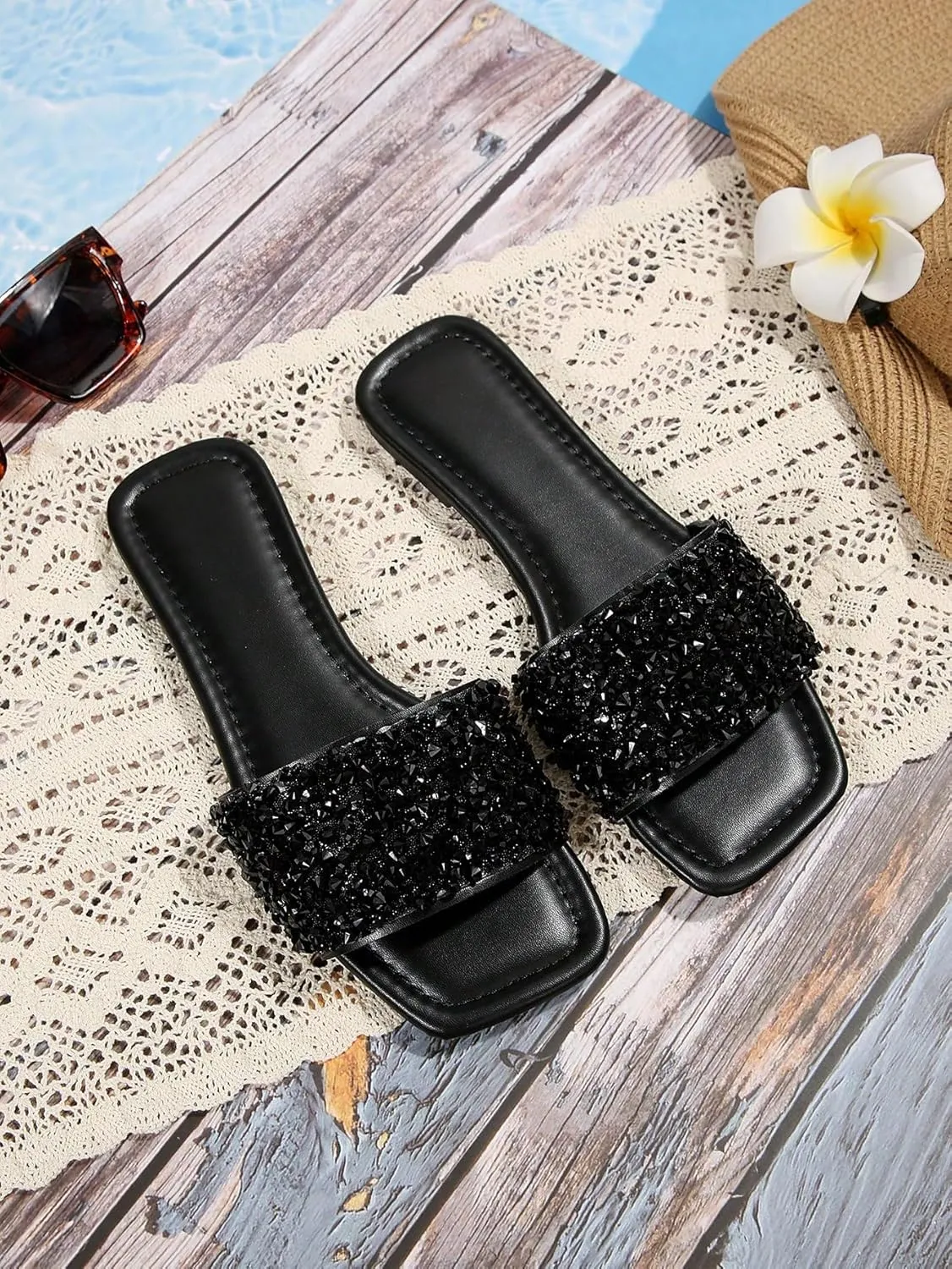 GORGLITTER Women's Sparkly Jeweled Flat Sandals Dressy Open Toe Glitter Shiny Slippers Slip-on Shoes
