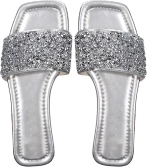 GORGLITTER Women's Sparkly Jeweled Flat Sandals Dressy Open Toe Glitter Shiny Slippers Slip-on Shoes