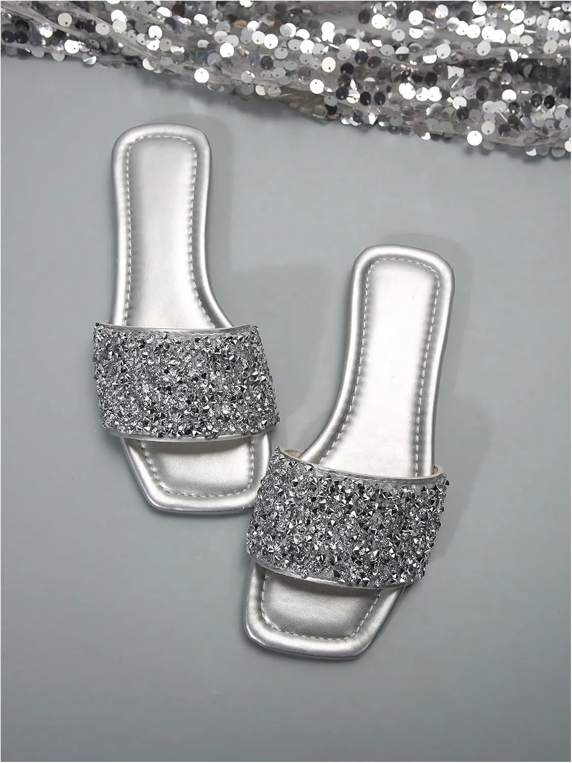 GORGLITTER Women's Sparkly Jeweled Flat Sandals Dressy Open Toe Glitter Shiny Slippers Slip-on Shoes