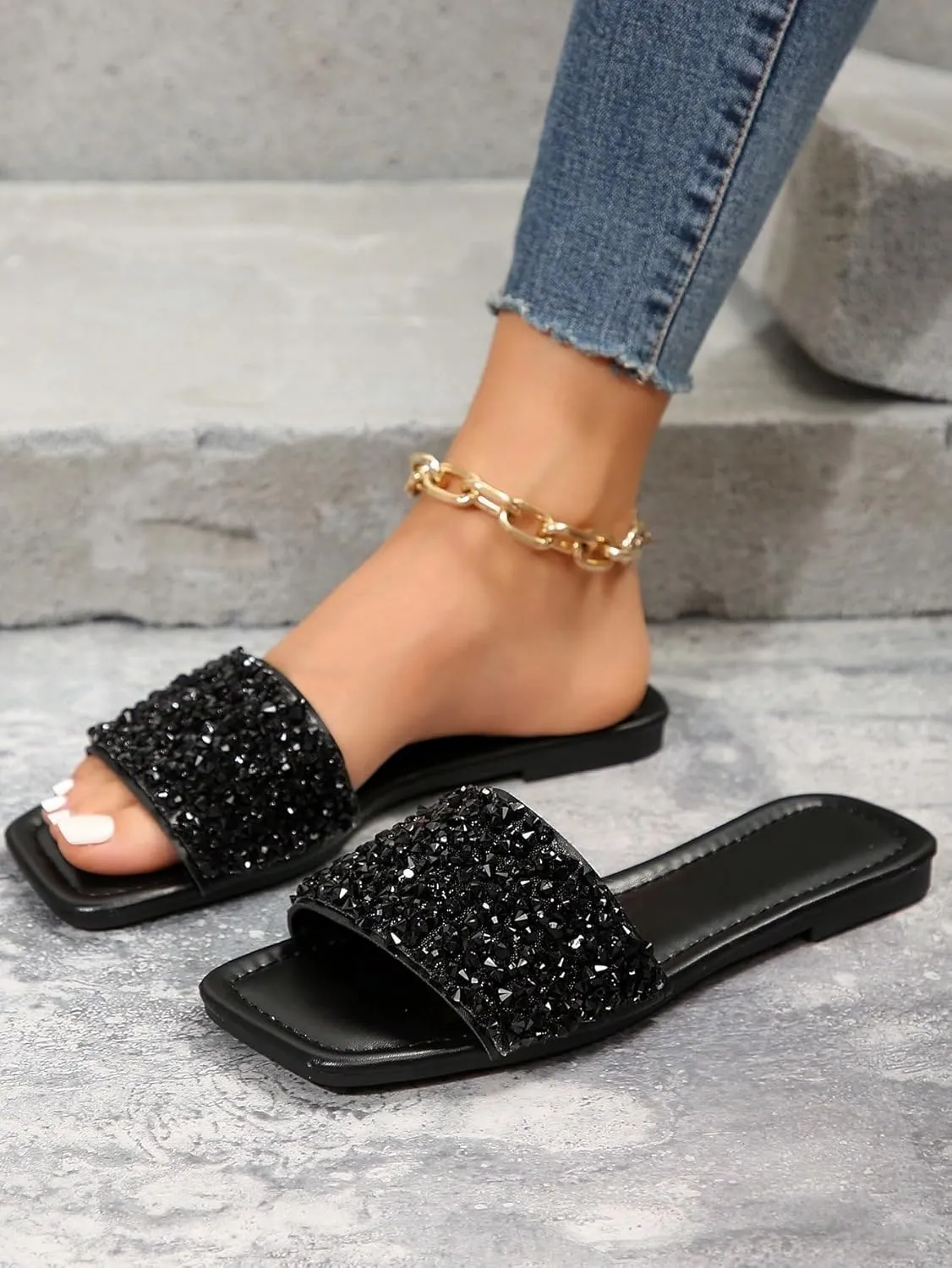 GORGLITTER Women's Sparkly Jeweled Flat Sandals Dressy Open Toe Glitter Shiny Slippers Slip-on Shoes