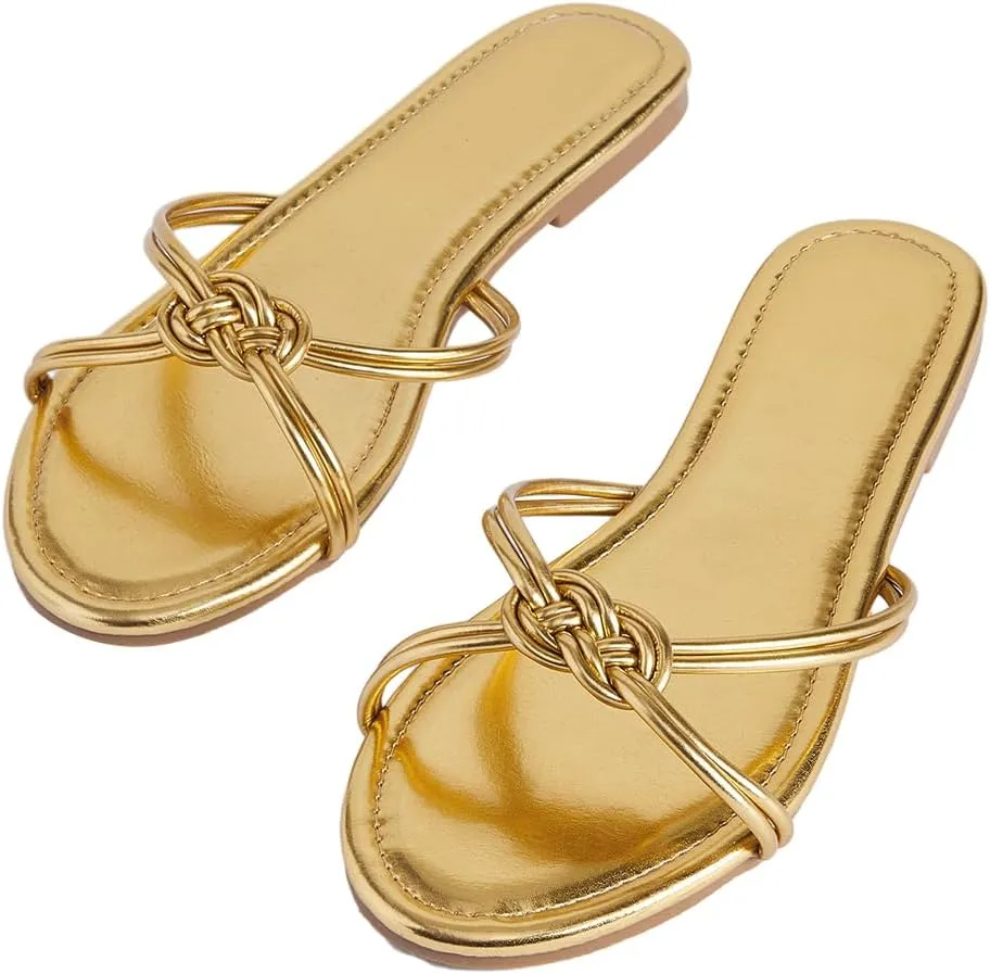 GORGLITTER Women's Strappy Flat Sandals Open Toe Metallic Summer Trendy 2025 Dressy Slides