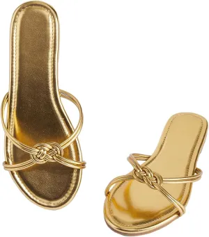 GORGLITTER Women's Strappy Flat Sandals Open Toe Metallic Summer Trendy 2025 Dressy Slides