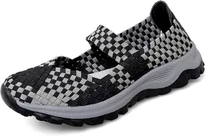 GOSPT Women's Elastic Woven Walking Shoes Mary Jane Flats Slip on Sneakers