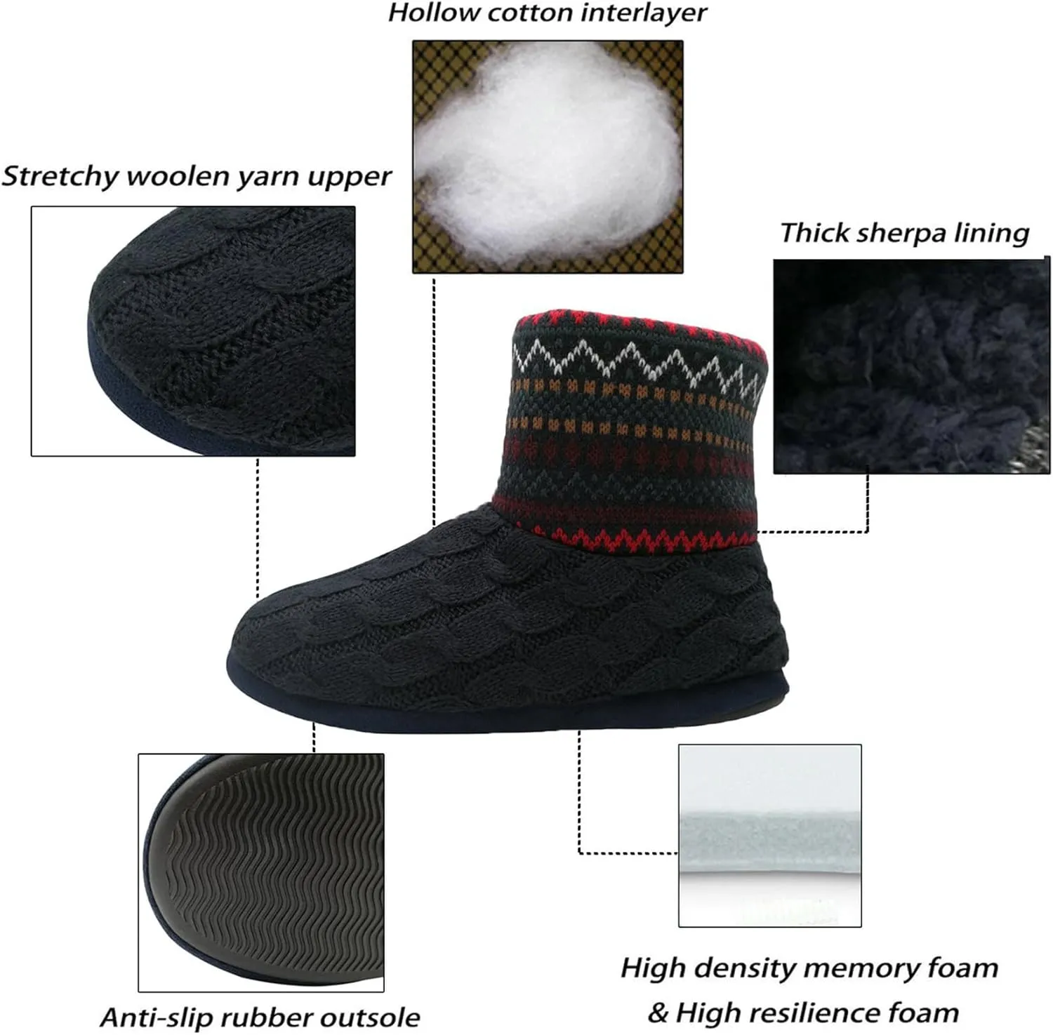 GPOS Knit Rock Wool Warm Men Indoor Pull on Cozy Memory Foam Slipper Boots Soft Rubber Sole