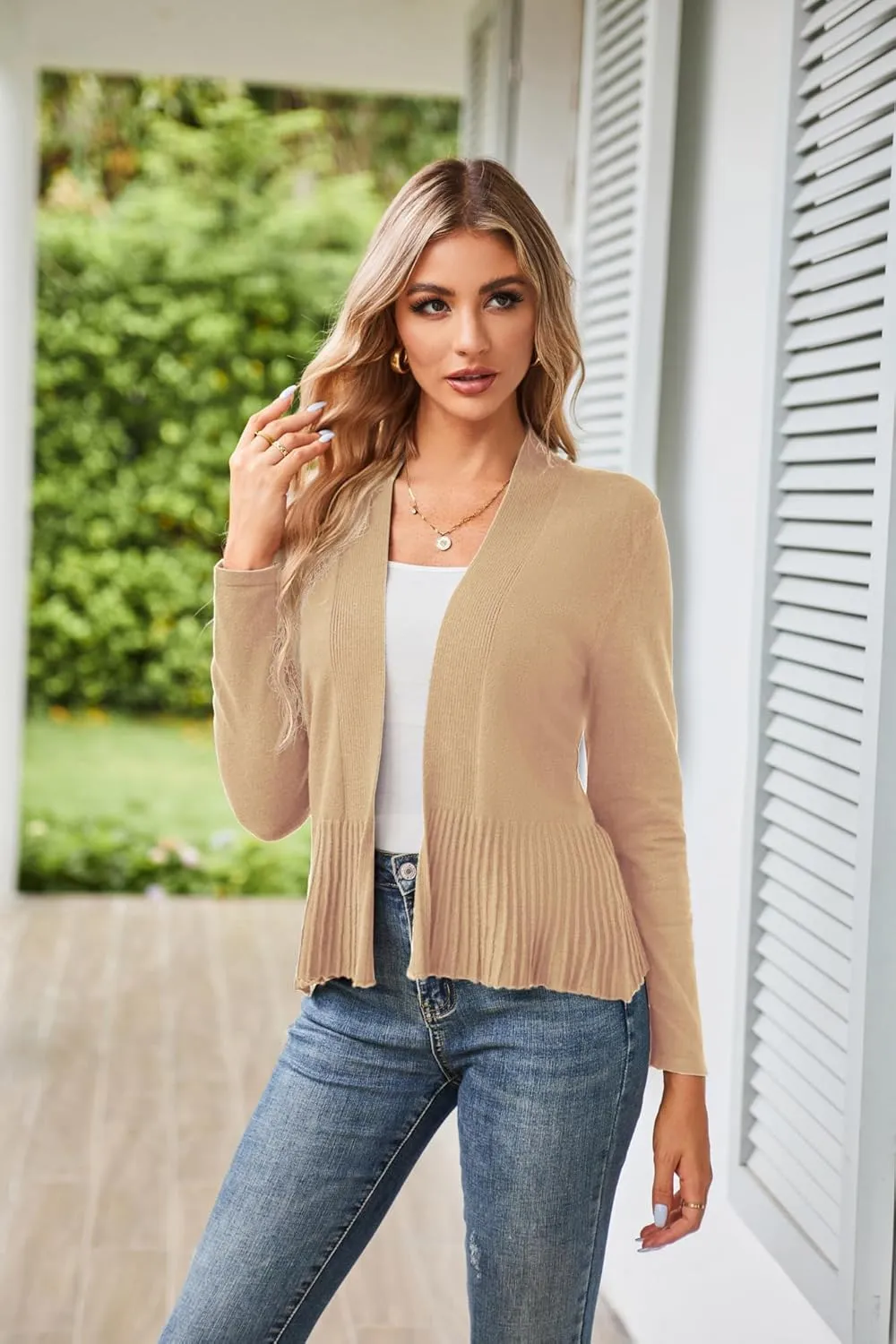 GRACE KARIN Women's Casual Draped Open Front Cropped Cardigan Long Sleeve Sweater Peplum Knit Outwear