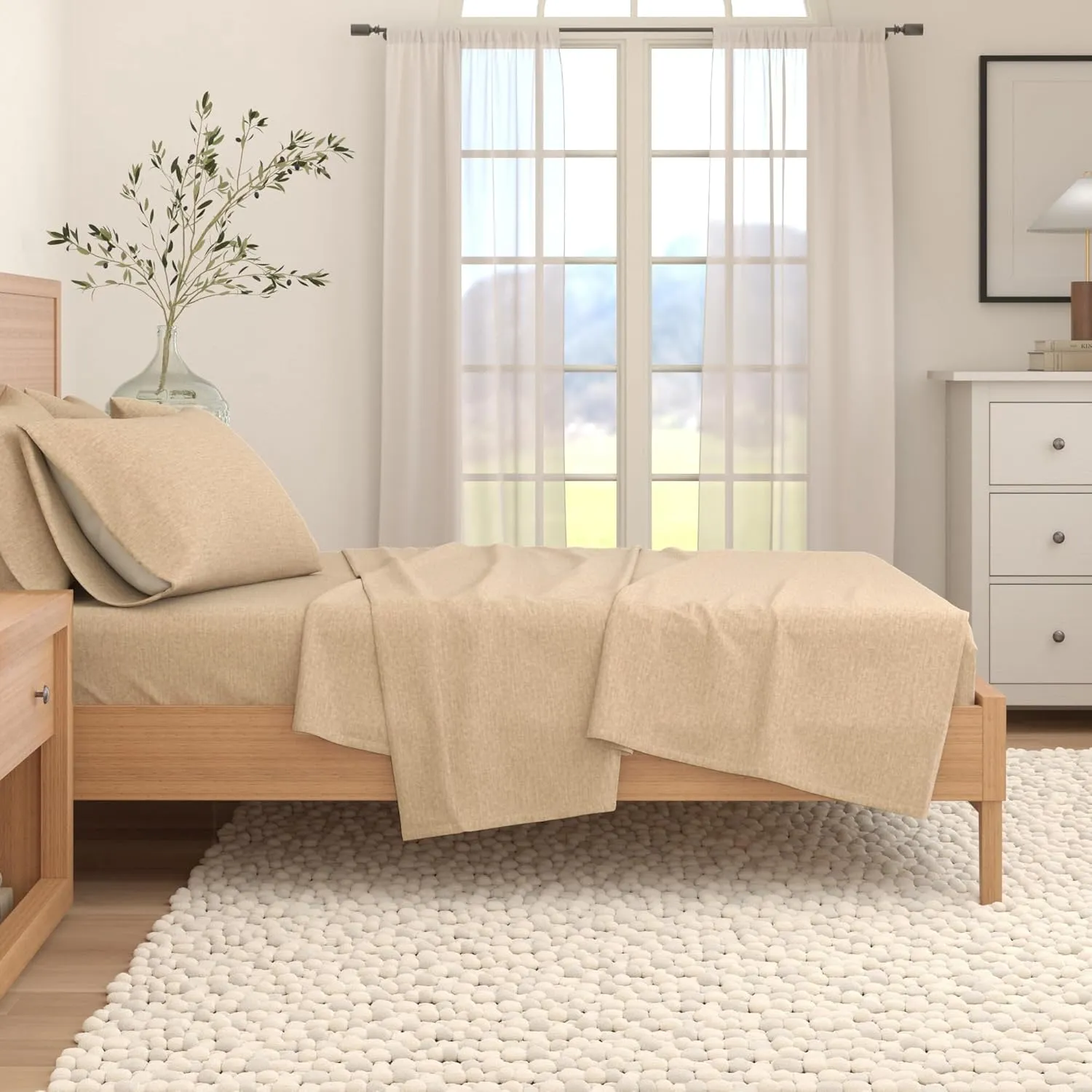Great Bay Home Flannel Sheet Set Full Size - Heathered Cotton Blend, Double-Brushed, Winter Bed Sheets - Ultra-Soft, Cozy, 4-Piece Rustic Bedding Set (Heathered Sand)
