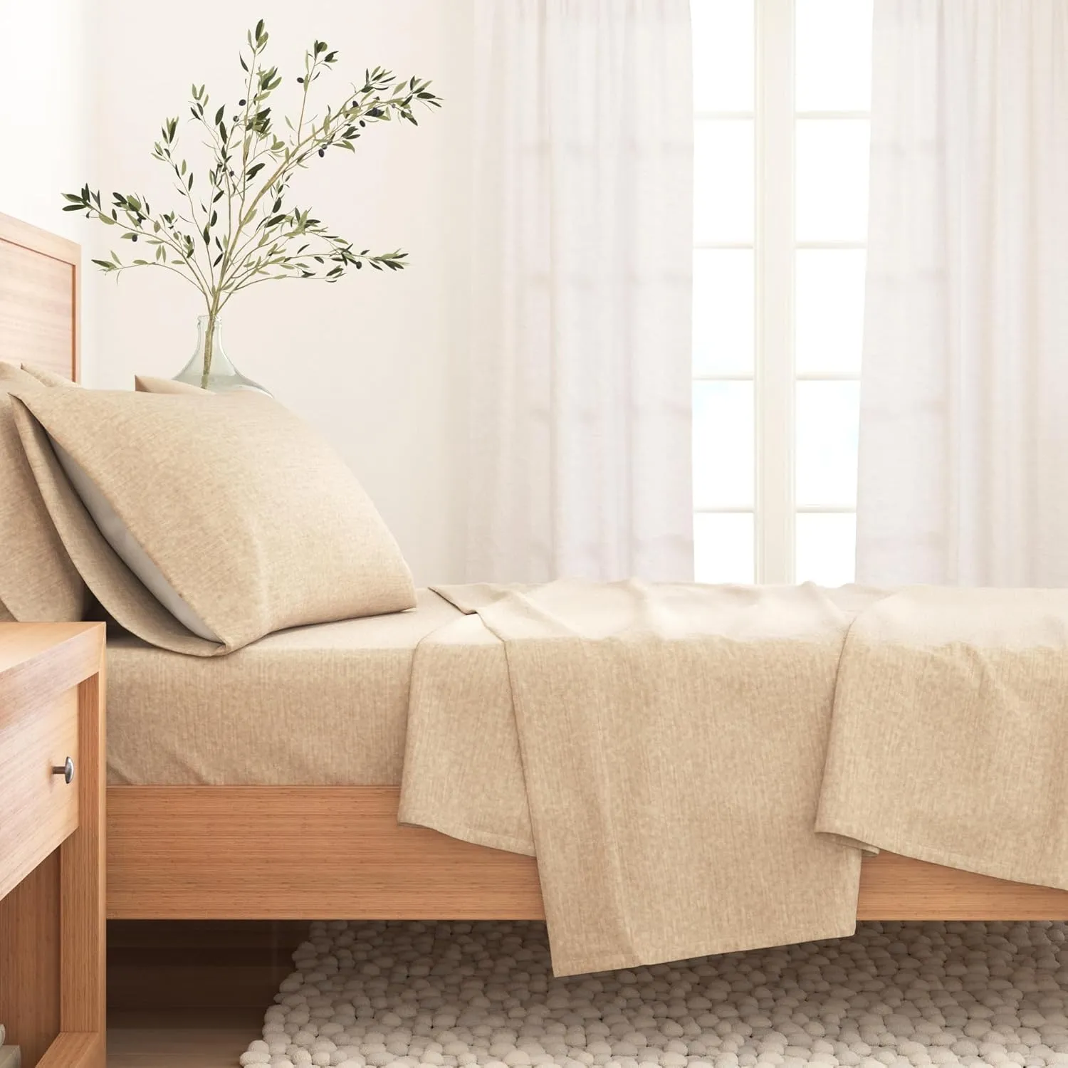 Great Bay Home Flannel Sheet Set Full Size - Heathered Cotton Blend, Double-Brushed, Winter Bed Sheets - Ultra-Soft, Cozy, 4-Piece Rustic Bedding Set (Heathered Sand)