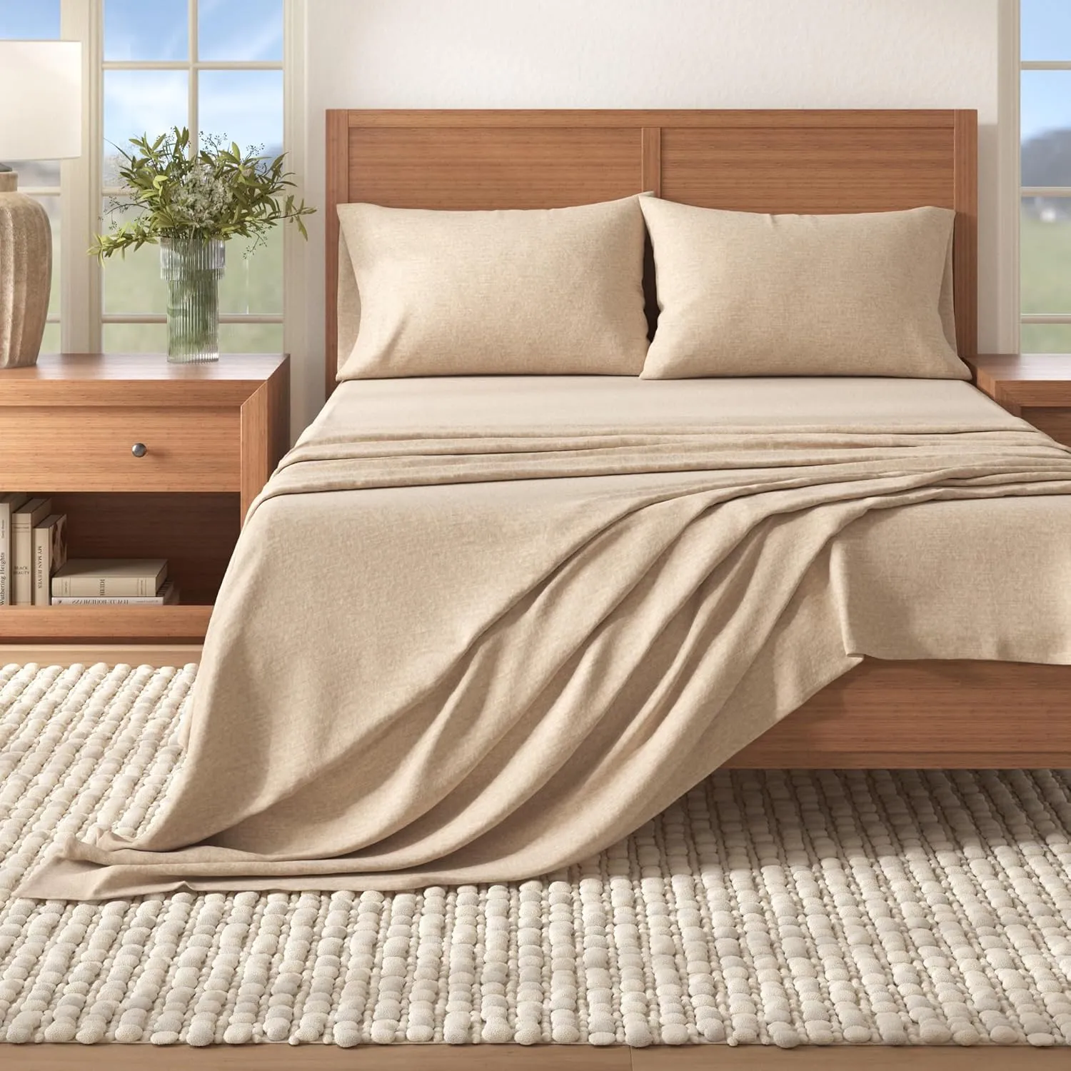 Great Bay Home Flannel Sheet Set Full Size - Heathered Cotton Blend, Double-Brushed, Winter Bed Sheets - Ultra-Soft, Cozy, 4-Piece Rustic Bedding Set (Heathered Sand)